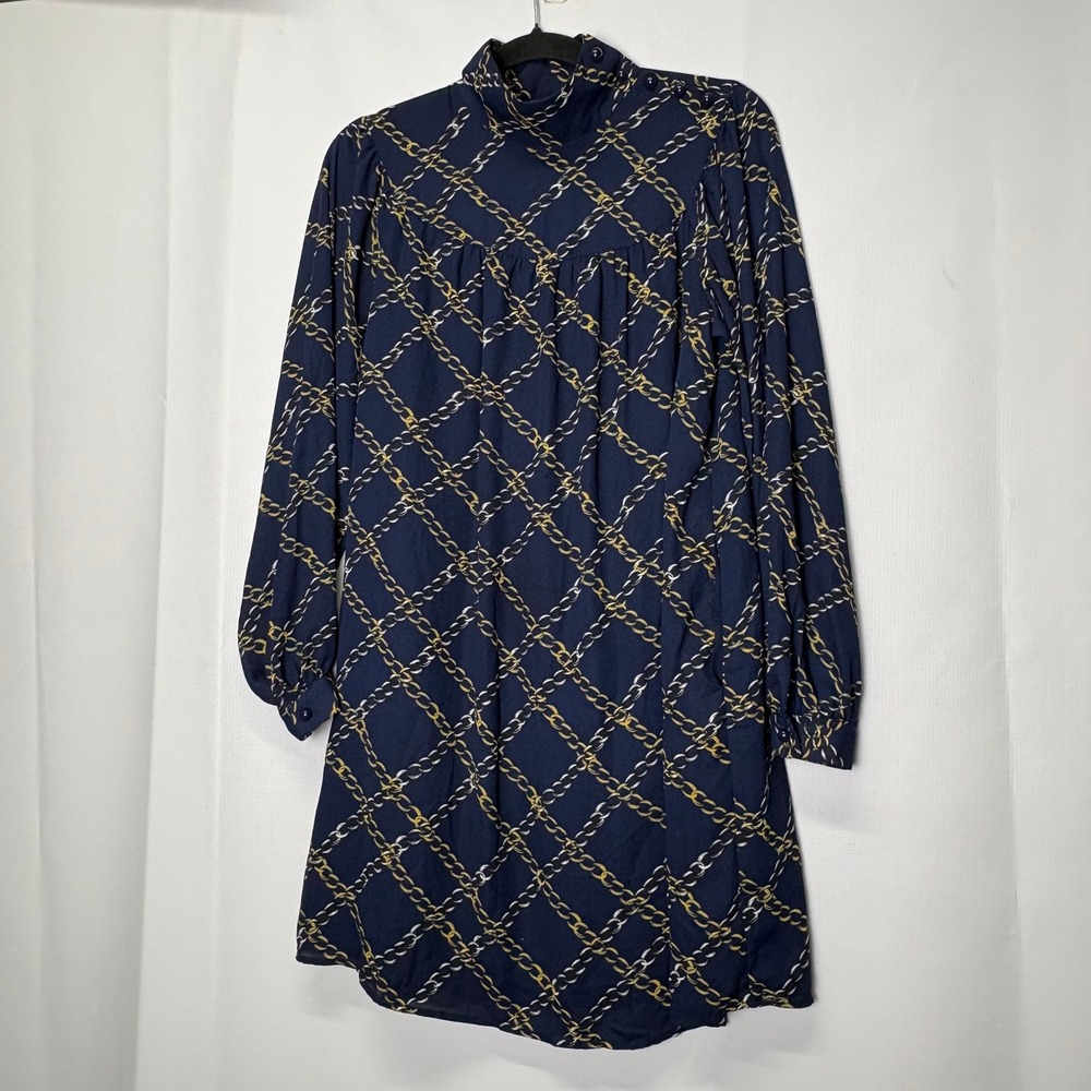 Who What Wear XS Blue Chain Print Long Sleeve Mini Dress Career Old Money Luxury